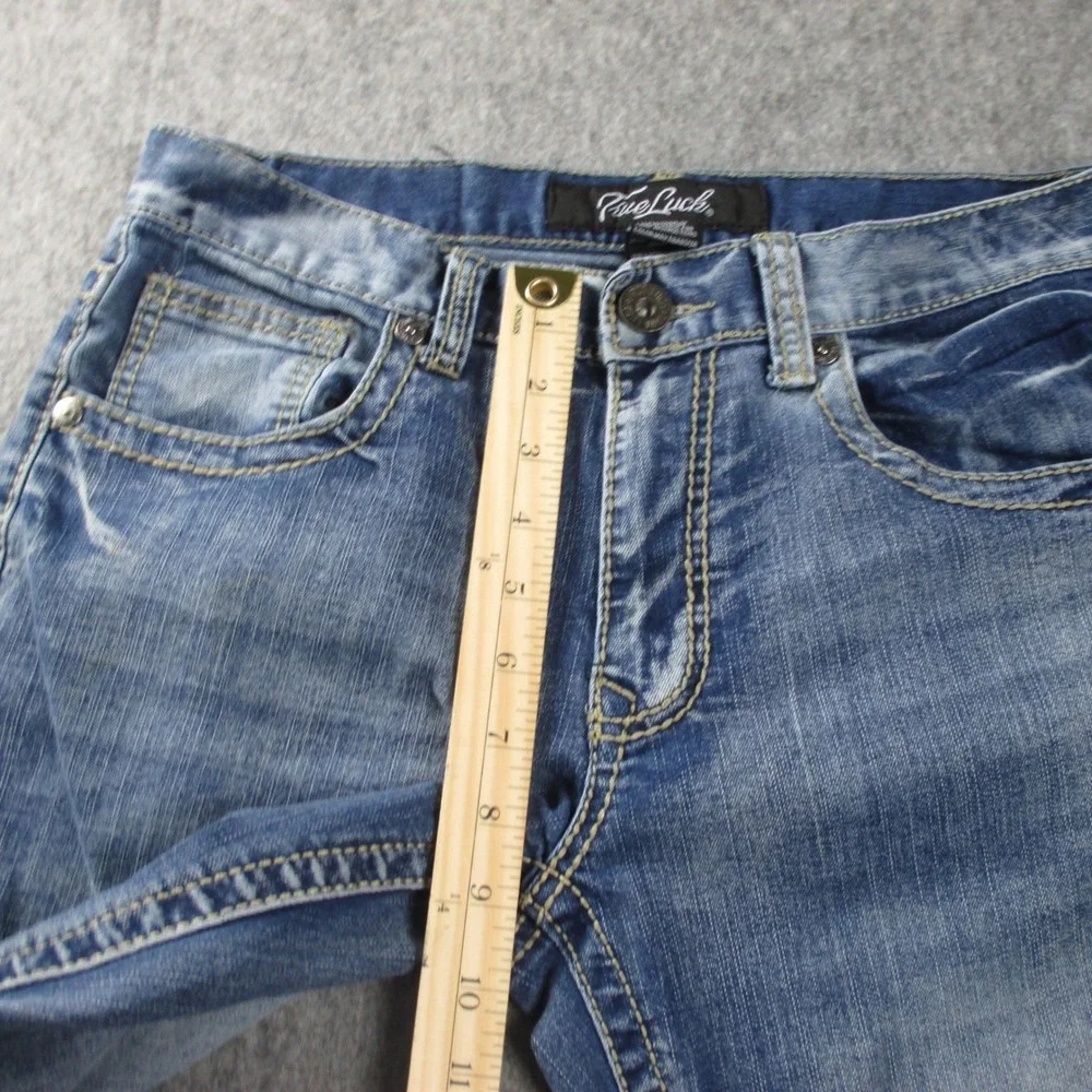 True Luck Jeans Mens‎ 30x29 Straight Leg Medium Wash Whiskered Denim Jeans Blue